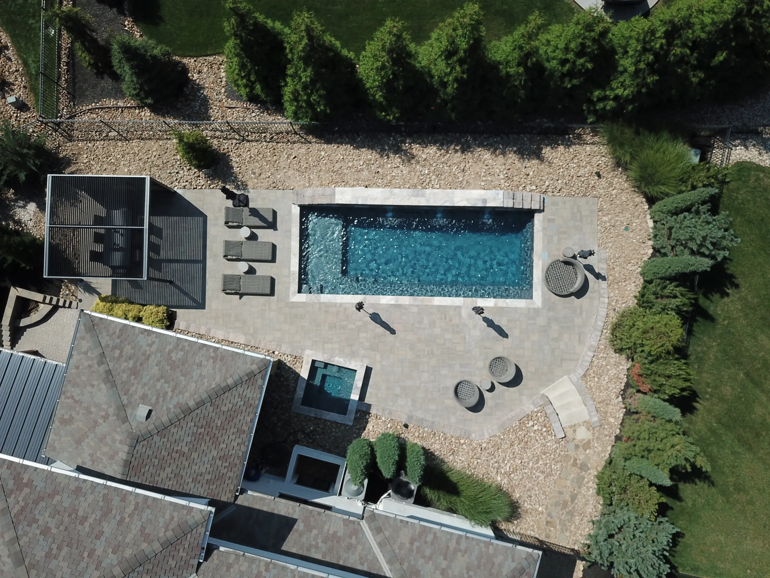 Completed fiberglass pool installation in Overland Park, Johnson County Kansas - aerial view